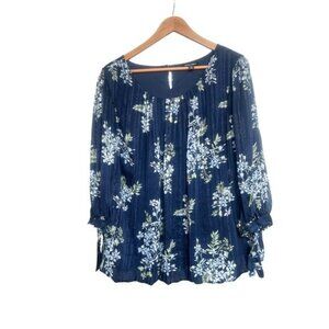 Roz & Ali Navy Floral Print 3/4 Sleeve Blouse Womens 2X Polyester Made In Vietna